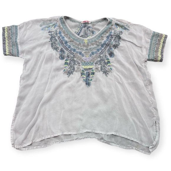 Johnny Was Tops - Johnny Was Light Gray Short Sleeve Embroidered Boho Tunic